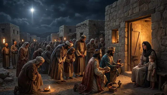 Los sabios de oriente (NO REYES MAGOS) adoran a Jesús en presencia de María